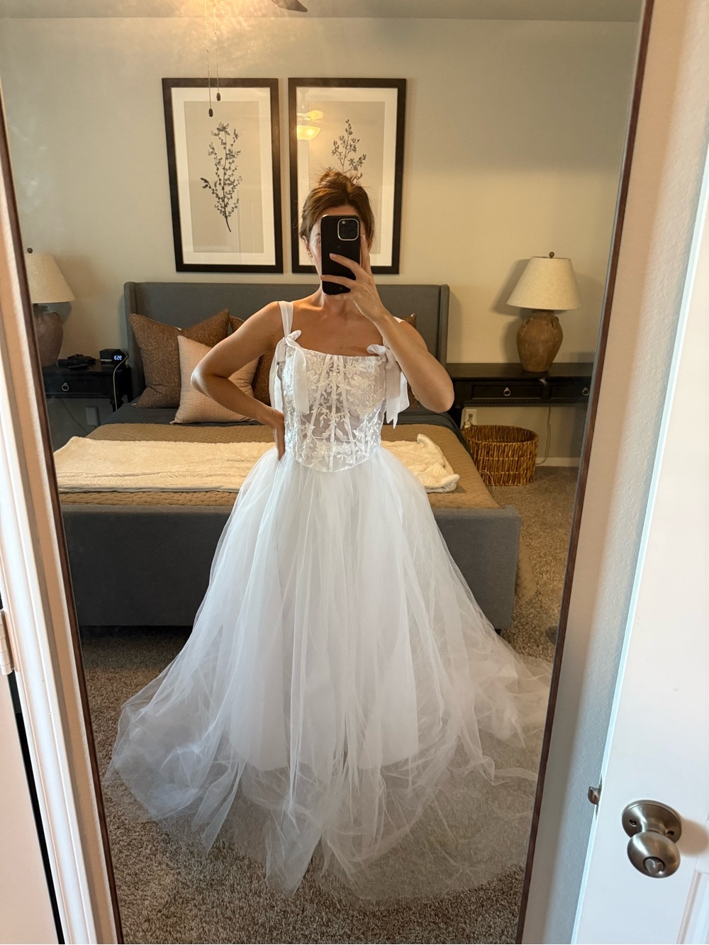 Romantic Sweet White A-Line Wedding Dress with Lace Corset & Bow Straps